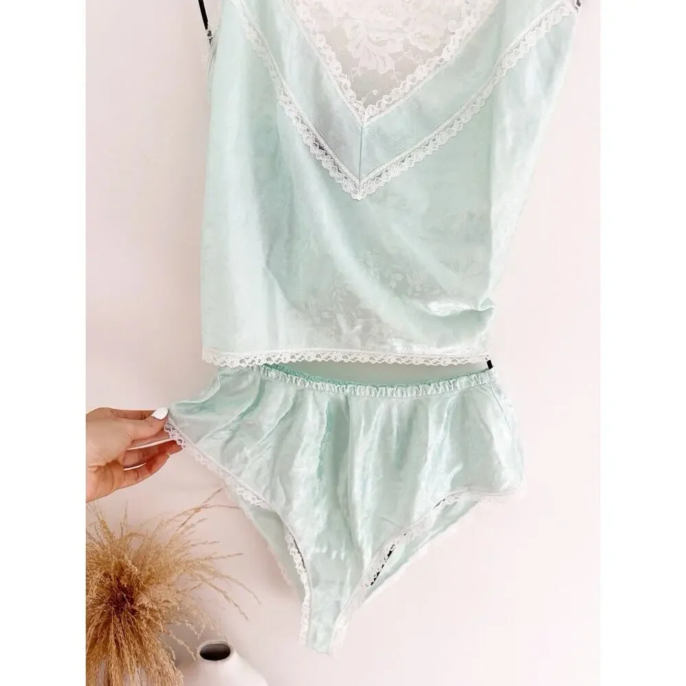 Vintage Elissa Size Medium High Leg Mint Teal Lace Lingerie Set - Picture 9 of 10